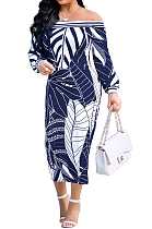 Navy Blue Fashion Printing Long Sleeve A Wrod Shoulder Collcet Waist Long Dress A8241-4