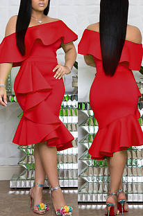 Red Cotton Blend New Ruffle Off Shoulder Collcet Waist Solid Color Irregularity Midi Dress A8401-1