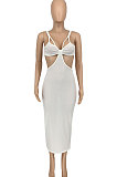 White Women Sexy Fashion Ribber Condole Belt Solid Color Dew Waist Split Long Dress GLS8172-1