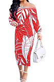 Wine Red Fashion Printing Long Sleeve A Wrod Shoulder Collcet Waist Long Dress A8241-1