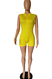 Yellow Hot Drilling Sleeveless Stand Collar Zipper Slim Fitting Romper Shorts A8357-4
