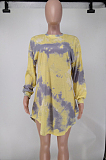 Yellow Wholesal Tie Dye Printing Long Sleeve Round Neck Not With Belt Loose Mini Dress A8591-2