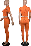 Orange Autumn Summer Hollow Out Pure Color Short Sleeve Round Neck Dew Waist Pencil Pants Sports Sets YFS10016-1