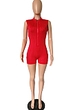 Red Green Hot Drilling Sleeveless Stand Collar Zipper Slim Fitting Romper Shorts A8357-2