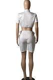 Red Night Club Sexy Short Sleeve Round Collar Dew Bust Bandage Blouse High Waist Shorts Solid Color Two-Piece YFS10012-2