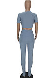 Light Blue Women Ribber Pure Color Short Sleeve Split Pants Sets QMQ7060-1