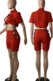 Red Night Club Sexy Short Sleeve Round Collar Dew Bust Bandage Blouse High Waist Shorts Solid Color Two-Piece YFS10012-2
