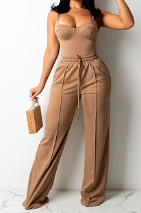 Brown Fashion Women Condole Belt Tank Drawsting Solid Color Pants Sets CY1345-2