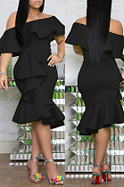 Black Cotton Blend New Ruffle Off Shoulder Collcet Waist Solid Color Irregularity Midi Dress A8401-2