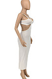 White Women Sexy Fashion Ribber Condole Belt Solid Color Dew Waist Split Long Dress GLS8172-1