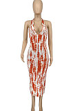 Orange Euramerican Women Fashion Printing Halter Neck Backless Sexy Long Dress WME20756
