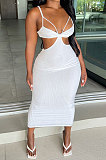 Black Women Sexy Fashion Ribber Condole Belt Solid Color Dew Waist Split Long Dress GLS8172-3