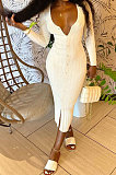 Black Women Solid Color Long Sleeve V Neck Single-Breasted Long Dress QMQ7063-3