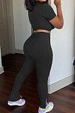 Black Women Ribber Pure Color Short Sleeve Split Pants Sets QMQ7060-3