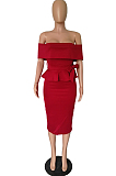 Red Elegant Fashion A Wrod Shoulder Slim Fitting Ruffle Top Tight Slit A Line Skirts Sets A8402-1
