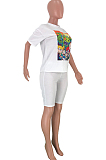 Yellow Casual Women Cartoon Graphic Short Sleeve Round Collar T-Shirts Shorts Loose Sports Sets CYY8537-1