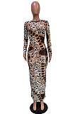 Yellow Leopard Printing Fashion Women Long Sleeve Round Collar Mesh See-Through Bodycon Dress BBN191-2