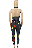 Black Trendy Women Printing Sleeveless V Neck Bandage Pants Sets WME20758
