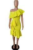 Yellow Cotton Blend New Ruffle Off Shoulder Collcet Waist Solid Color Irregularity Midi Dress A8401-3