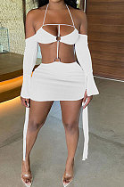 White Women Fashion Casual Pure Color Condole Belt Backless Mid Waist Mini Dress GLS7025-2