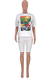 Black Casual Women Cartoon Graphic Short Sleeve Round Collar T-Shirts Shorts Loose Sports Sets CYY8537-4