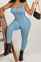 Light Blue Euramerican Women Solid Color Condole Belt Bandage Bodycon Jumpsuits QMQ7062-2