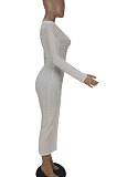 White Women Solid Color Long Sleeve V Neck Single-Breasted Long Dress QMQ7063-1