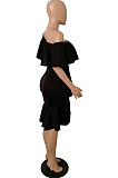 Black Cotton Blend New Ruffle Off Shoulder Collcet Waist Solid Color Irregularity Midi Dress A8401-2