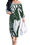 Black Fashion Printing Long Sleeve A Wrod Shoulder Collcet Waist Long Dress A8241-7