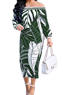 Blackish Green  Fashion Printing Long Sleeve A Wrod Shoulder Collcet Waist Long Dress A8241-6