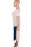 Pink Summer Spliced Short Sleeve Round Neck T-Shirts Slim Fitting Long Dress HXY8025-1