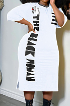 White Big Yards Casual Letter Printing Short Sleeve Round Neck Slit T-Shirts Long Dress YFS10007-1