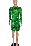 Green Sexy Long Sleeve Zipper Printing High Waist Mini Dress SH7284-2