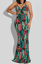 Black Women Condole Belt Casual Digital Printing Dew Waist Sexy Long Dress WMZ2649-1