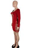 Wine Red Sexy Hollow Out Club Dress Long Sleeve Solid Color Mini Dress SH7280-2