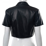 Black Women Pure Color Short Sleeve Turn-Down Collar Buttons Crop Tops FWB141-1
