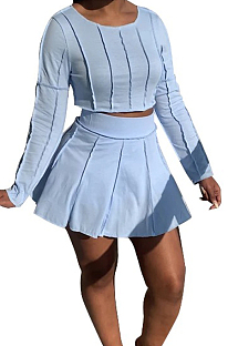 Ling Blue Cotton Blend Long Sleeve Round Collar Top High Waist Mini Skirts Solid Color Two-Piece HG135-2