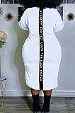 White Big Yards Casual Letter Printing Short Sleeve Round Neck Slit T-Shirts Long Dress YFS10007-1