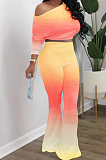 Yellow Green Casual Gradient Batwing Long Sleeve Dew Waist Top Slim Fitting Flare Pants Sets HXY8037-3