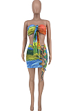 Orange Sexy Positioning Printing Strapless Bandage Hollow Out Hip Mini Skirts Sets HG132-1