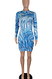 Blue Sexy Long Sleeve Zipper Printing High Waist Mini Dress SH7284-1