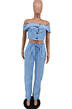 Dark Blue Wholesal Women A Wrod Shoulder Single-Breasted Strapless Top Hight Waist Loose Pants Jeans Sets HXY8036-1