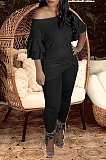 Black New Women Ruffle Sleeve Round Collar Loose T-Shorts Bodycon Pants Solid Color Sets HXY8034-2