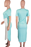 Cyan Summer Spliced Short Sleeve Round Neck T-Shirts Slim Fitting Long Dress HXY8025-2