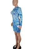 Blue Sexy Long Sleeve Zipper Printing High Waist Mini Dress SH7284-1