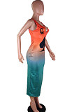 Multicolor Women Sleeveless Fashion Printing Gradient Long Dress SMY8020-1