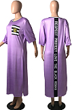 Purple Big Yards Casual Letter Printing Short Sleeve Round Neck Slit T-Shirts Long Dress YFS10007-3