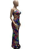 Blue Women Condole Belt Casual Digital Printing Dew Waist Sexy Long Dress WMZ2649-2