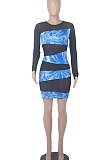 Dark Blue Printing Mesh Spaghetti Spliced Perspectivity Long Sleeve Round Neck Club Mini Dress WMZ2652-1