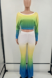 Yellow Red Casual Gradient Batwing Long Sleeve Dew Waist Top Slim Fitting Flare Pants Sets HXY8037-2